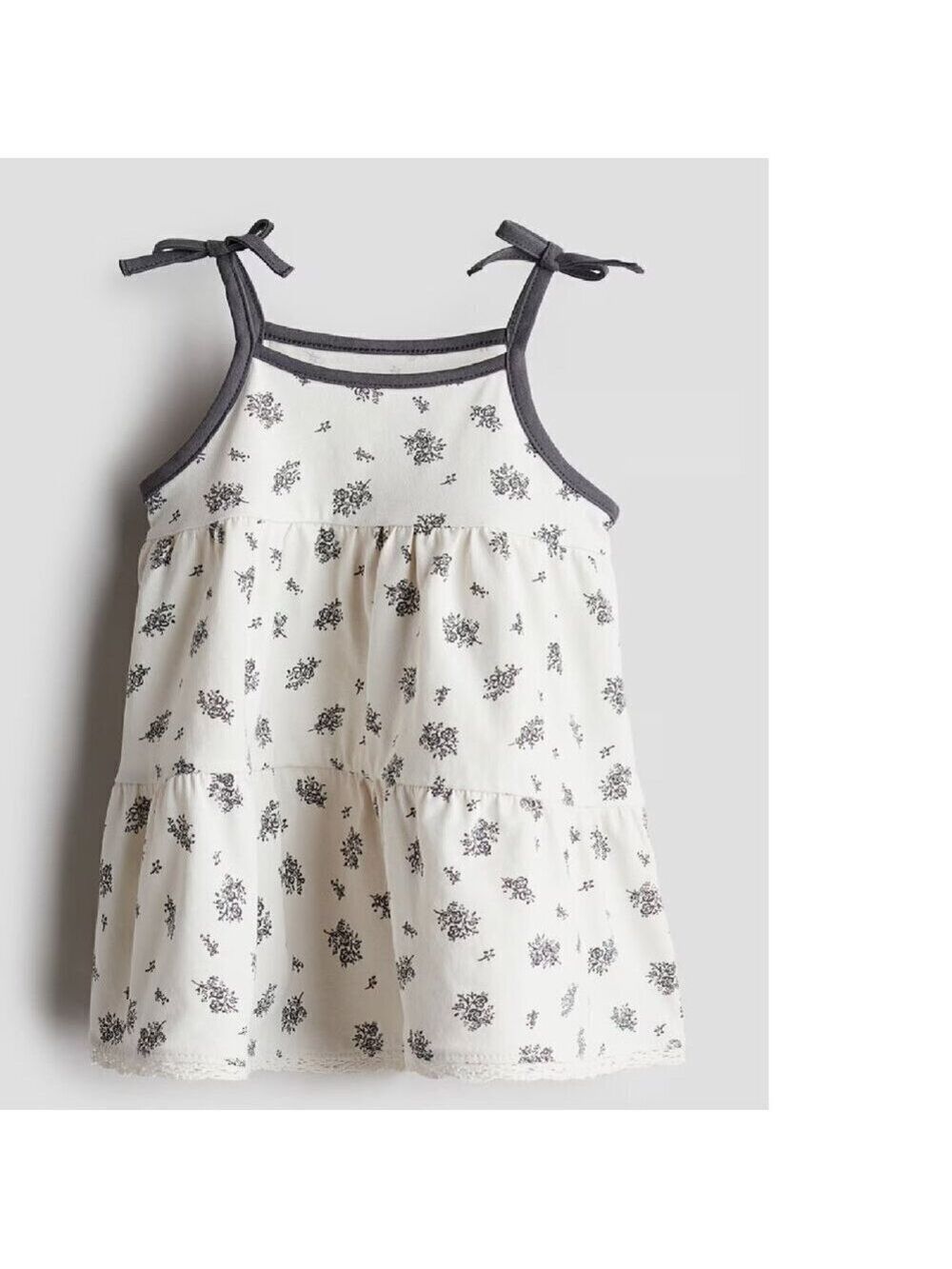 H&M Cotton Jersey Dress with Shoulder Straps White Dark Grey Floral Baby 9-12M